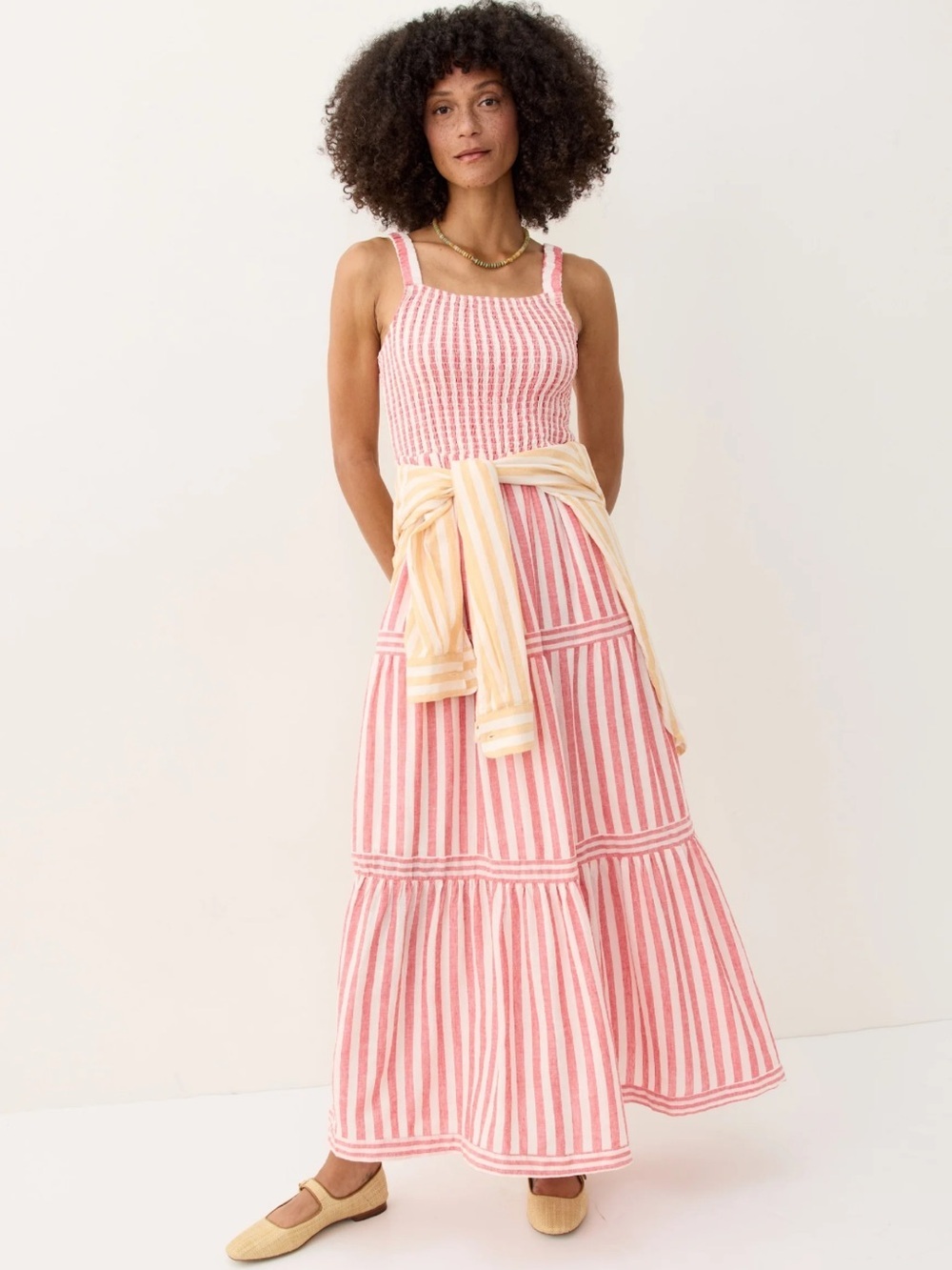 Marine Layer | Selene Red Striped Maxi Tiered Dress Gauzy Linen Blend Smocked